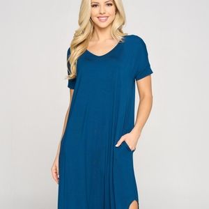 Teal curved hem flowy tshirt dress - S
